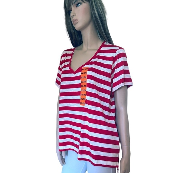 Nicole Miller Stripe Tee t-shirt Tank Top Red V-Neck Short Sleeve Hi Low NWOT - Picture 4 of 15